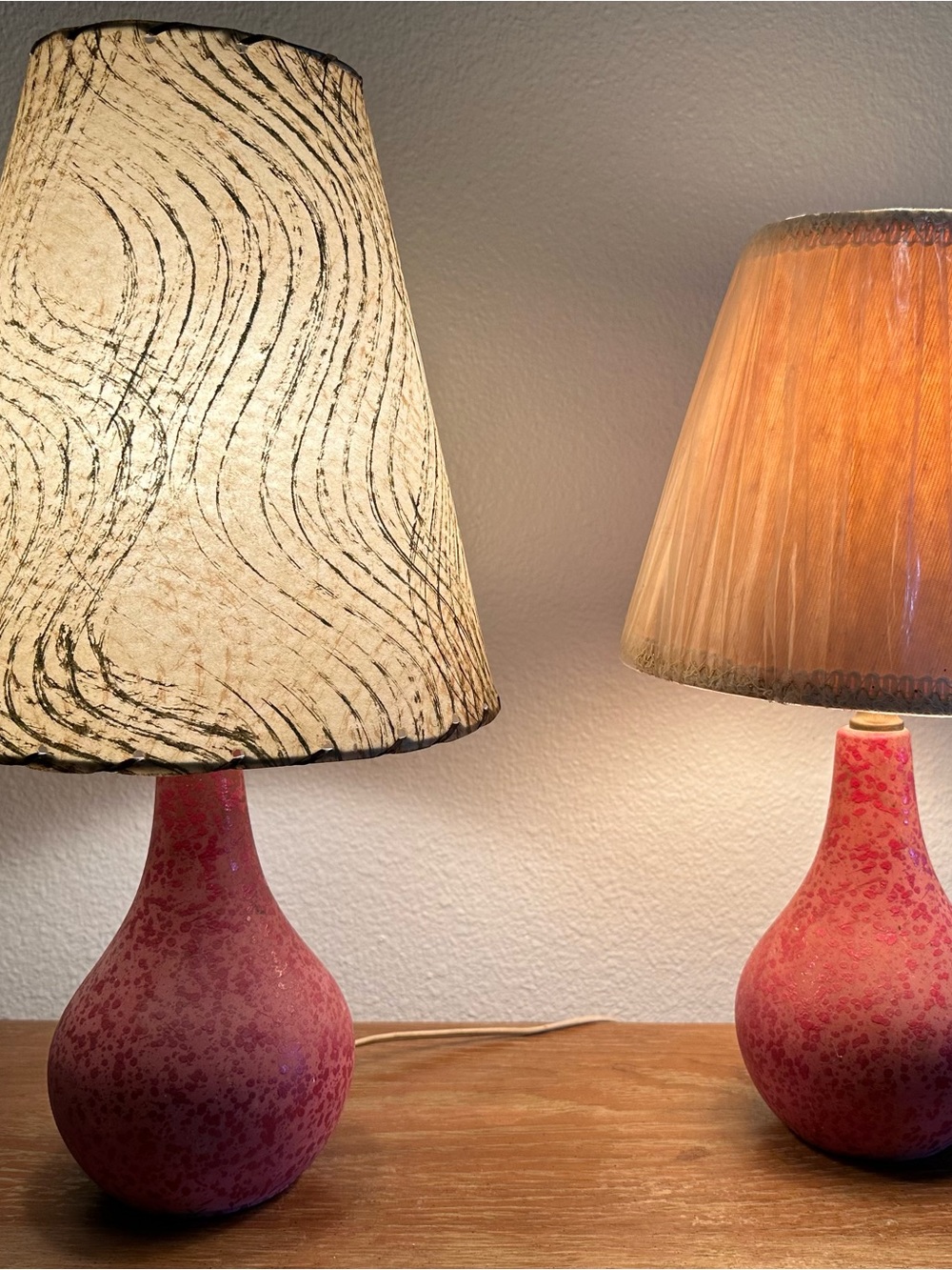 MCM Vintage Pink Splatter Glaze Ceramic Lamps Pair